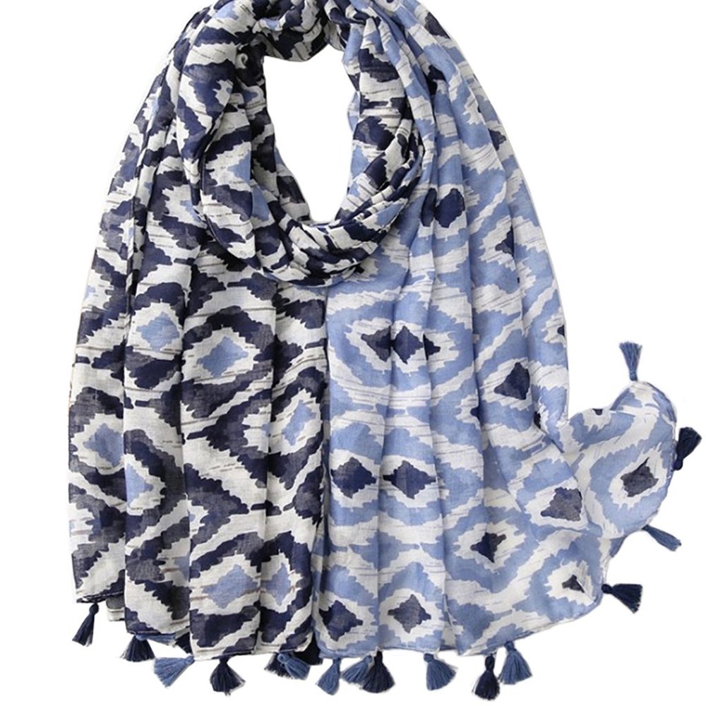 Two Blue Tones Geometric Diamond Print Soft Wrap Scarf